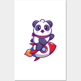 Cute panda riding rocket cartoon Posters and Art